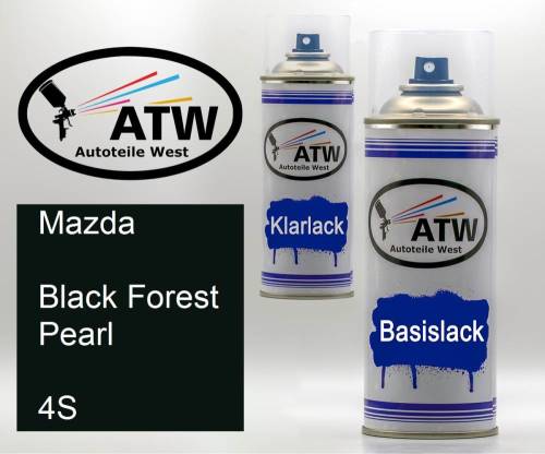 Mazda, Black Forest Pearl, 4S: 400ml Sprühdose + 400ml Klarlack - Set, von ATW Autoteile West.